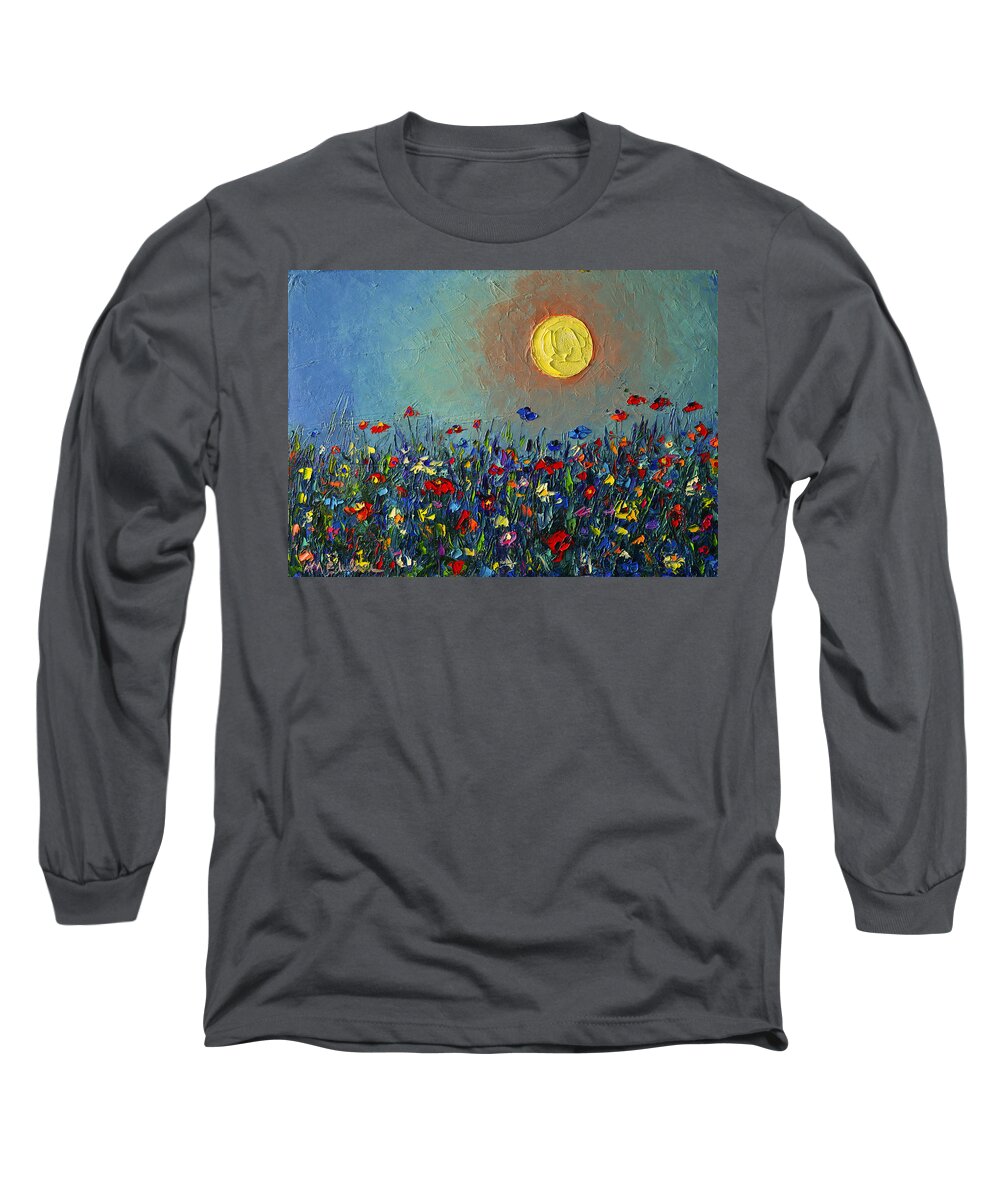 Wildflowers Long Sleeve T-Shirt featuring the painting Wildflowers Meadow Sunrise Modern Floral Original Palette Knife Oil Painting By Ana Maria Edulescu by Ana Maria Edulescu