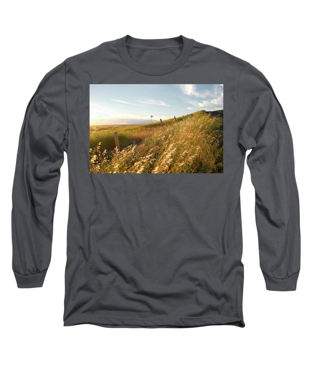 Windmill Long Sleeve T-Shirt featuring the photograph Windmill and the Fence Sundown by Troy Stapek