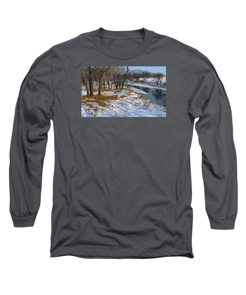 Landscape Long Sleeve T-Shirt featuring the drawing Winter Along the Little Sioux by Bruce Morrison