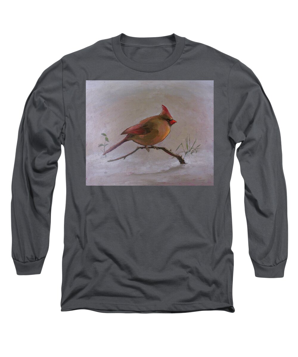 Cardinal Long Sleeve T-Shirt featuring the painting Winter Cardinal by Don Morgan