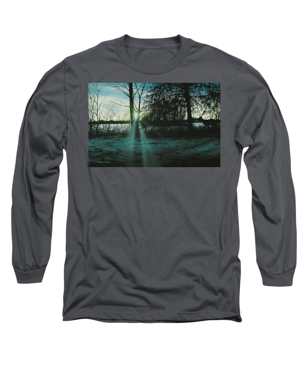 Deer Long Sleeve T-Shirt featuring the painting Winter's Evening Scout by Anthony J Padgett