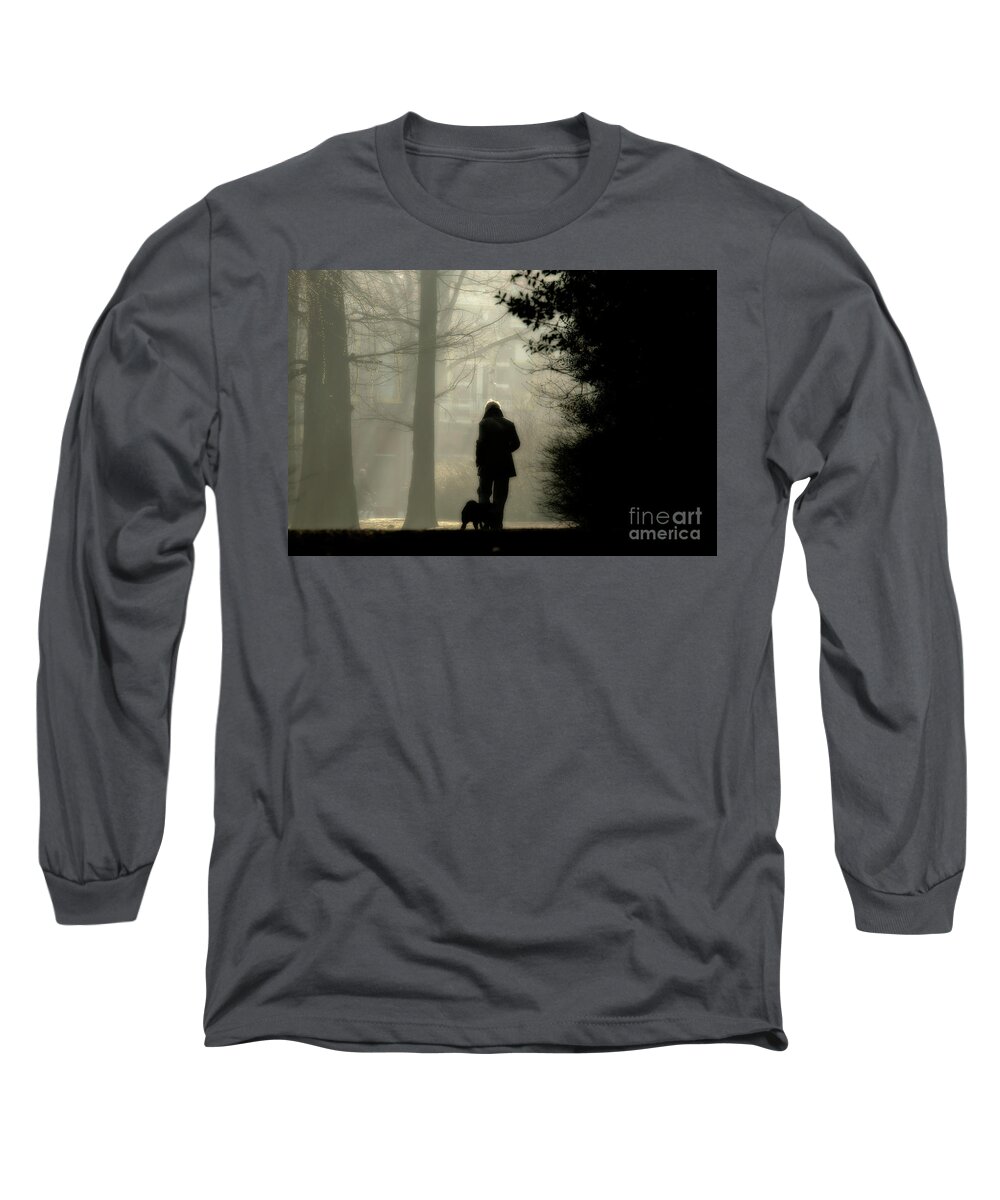 Morning Long Sleeve T-Shirt featuring the photograph Woman walking dog by Patricia Hofmeester