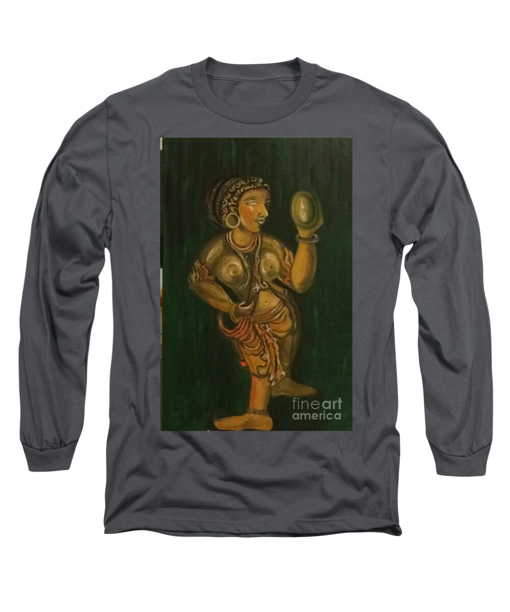 Painting Of Sculptures Long Sleeve T-Shirt featuring the painting Woman with a mirror sculpture by Brindha Naveen