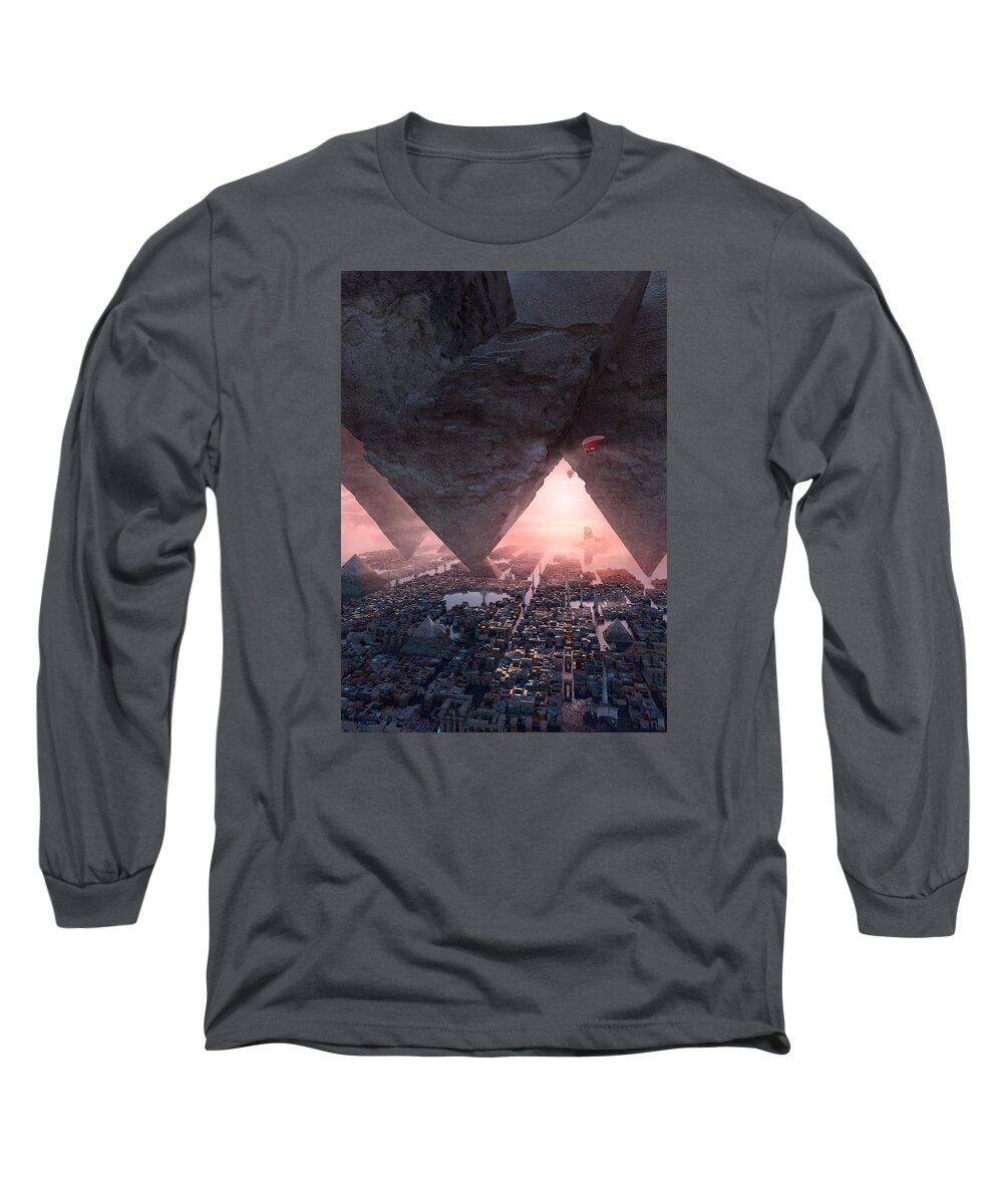 Landscape Long Sleeve T-Shirt featuring the digital art wonders great pyrimaid of Giza by Te Hu