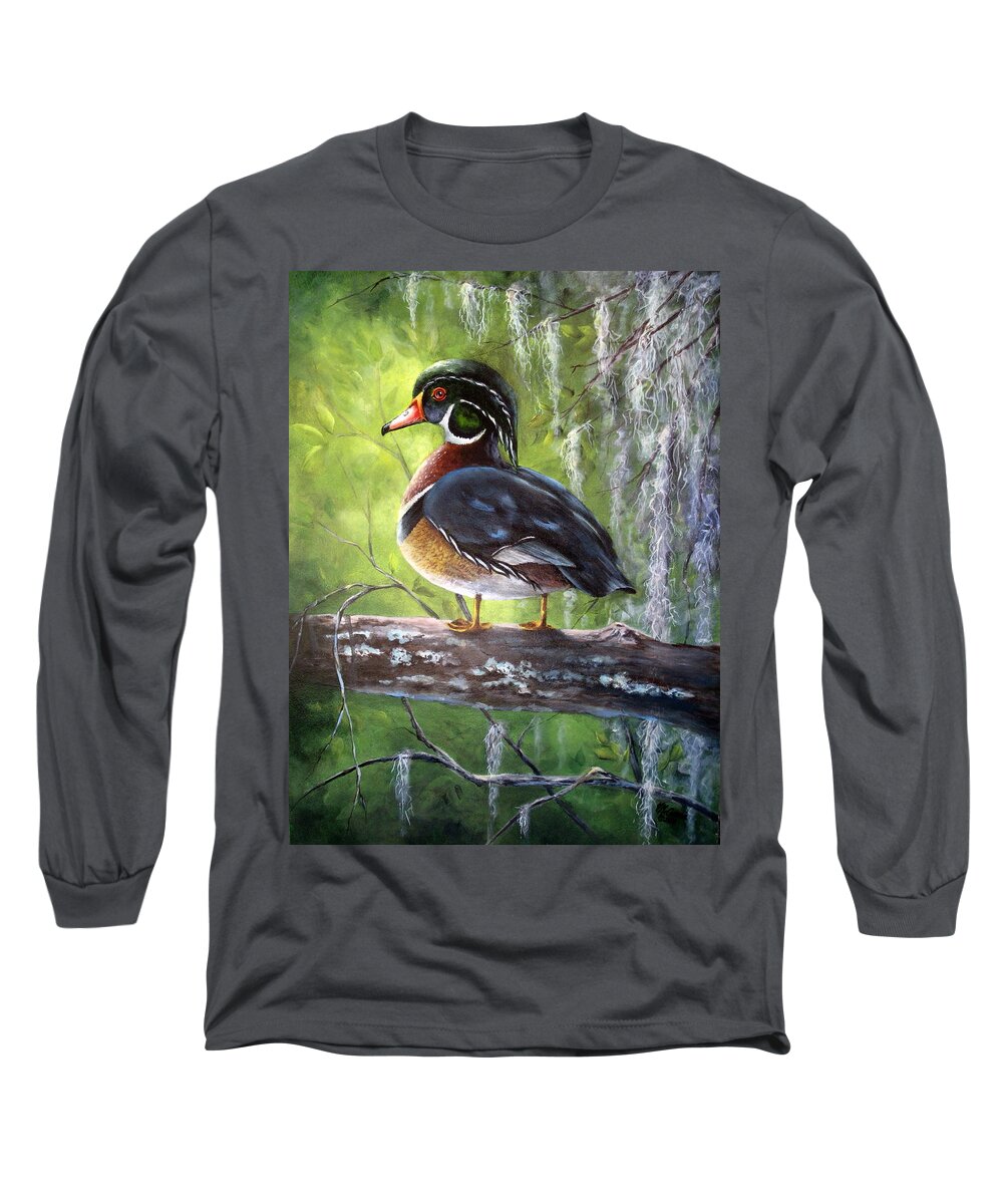 Duck Long Sleeve T-Shirt featuring the painting Wood Duck by Mary McCullah