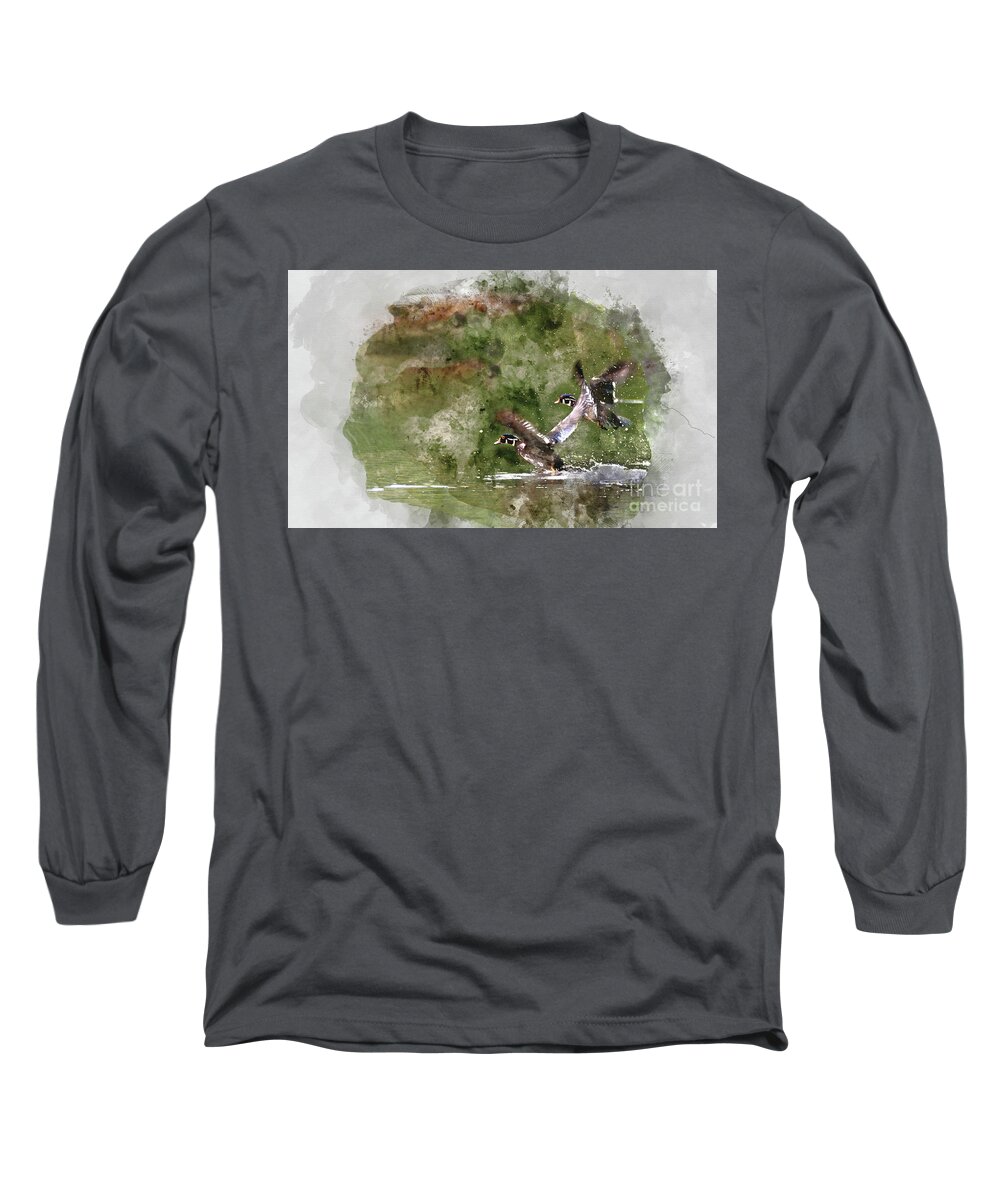 Animal Watercolor Long Sleeve T-Shirt featuring the digital art Wood Ducks in Flight by Kathy Kelly