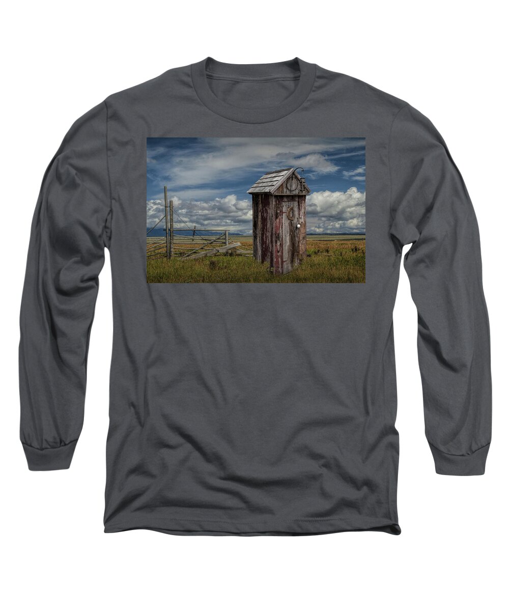 Wood Long Sleeve T-Shirt featuring the photograph Wood Outhouse out West by Randall Nyhof