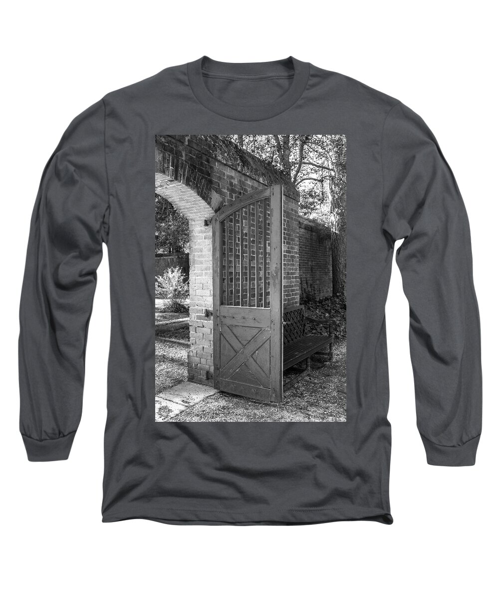 Colonial Williamsburg Long Sleeve T-Shirt featuring the photograph Wooden Garden Door B W by Teresa Mucha