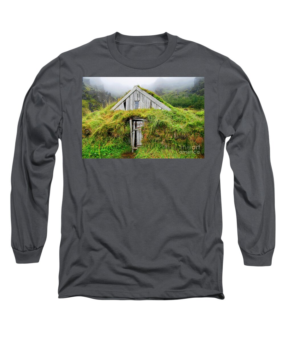 Iceland Long Sleeve T-Shirt featuring the photograph Wooden house isolated with grass in Iceland by Patricia Hofmeester