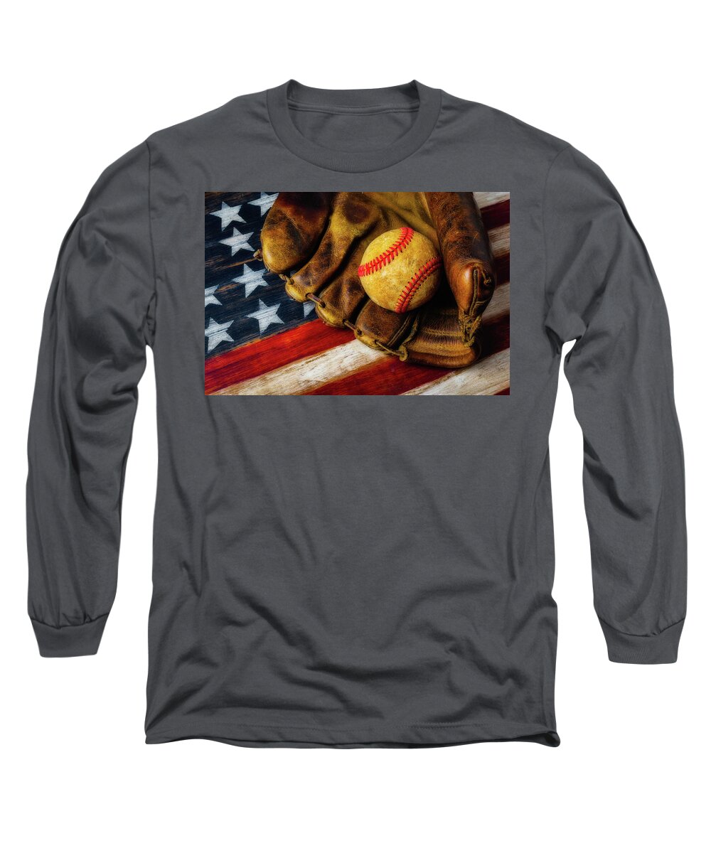 American Long Sleeve T-Shirt featuring the photograph Worn Ball And Mitt by Garry Gay