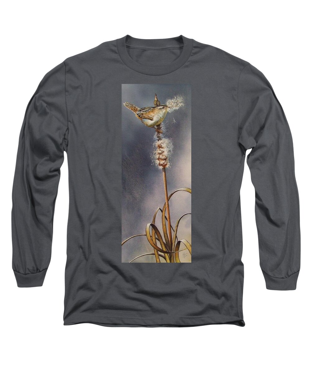 Marshwren Long Sleeve T-Shirt featuring the painting Wren and Cattails by Greg and Linda Halom