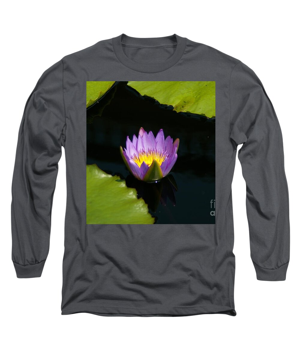 Yellow Long Sleeve T-Shirt featuring the photograph Yellow and Purple Lotus Waterlily and Lily Pads by Jackie Irwin