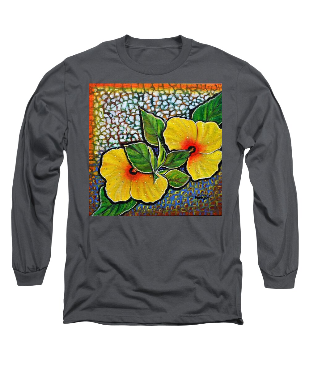 Hibiscus Long Sleeve T-Shirt featuring the painting Yellow Hibiscus a decorative painting with mosaic style on sale by Manjiri Kanvinde