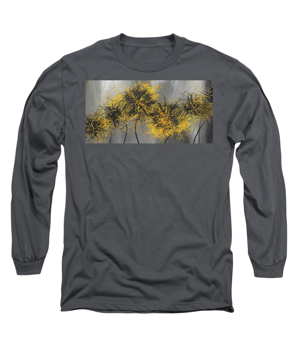 Yellow Long Sleeve T-Shirt featuring the painting Yellow Hymns - Yellow and Gray Modern Abstract Art by Lourry Legarde
