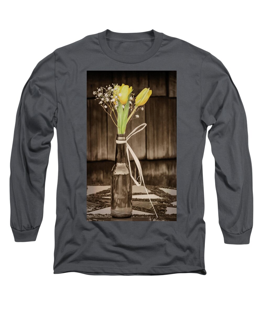 Terry D Photography Long Sleeve T-Shirt featuring the photograph Yellow Tulips in Glass Bottle Sepia by Terry DeLuco