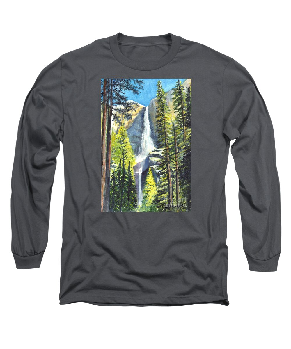 Park Long Sleeve T-Shirt featuring the painting Yosemite Falls Watercolor Painting by Carol Wisniewski