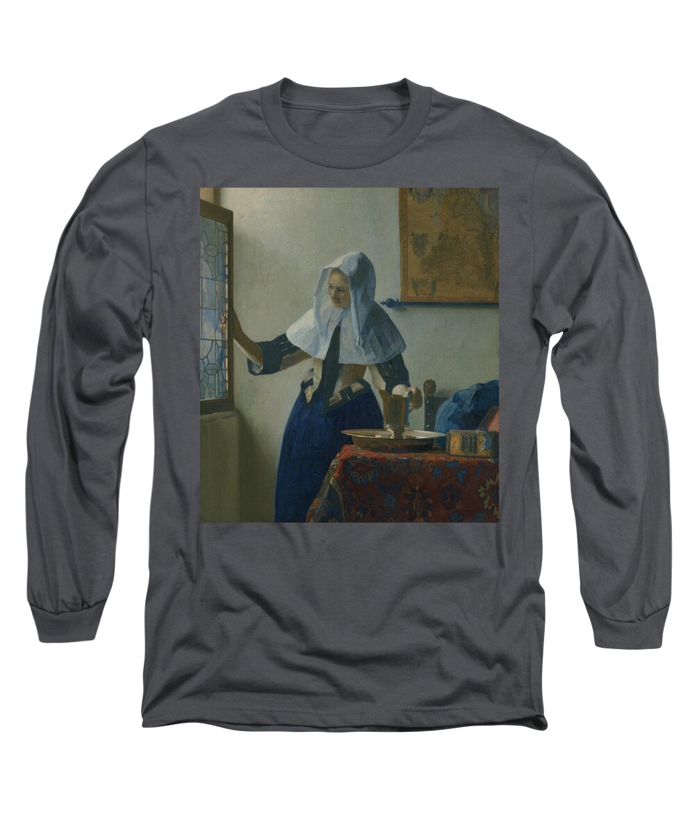 Jan Vermeer Long Sleeve T-Shirt featuring the painting Young Woman with a Water Pitcher by Jan Vermeer
