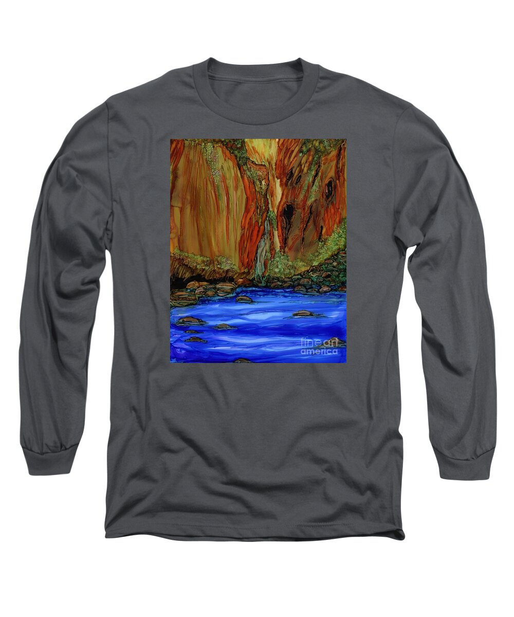 Canyon Long Sleeve T-Shirt featuring the painting Zion Canyon River Walk by Eunice Warfel