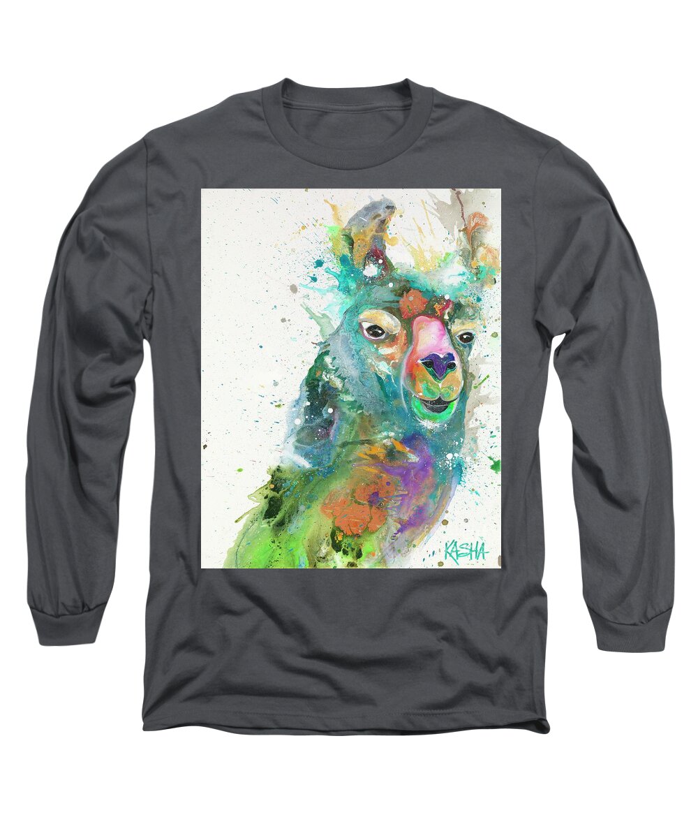 Llama Long Sleeve T-Shirt featuring the painting Dolly Llama by Kasha Ritter