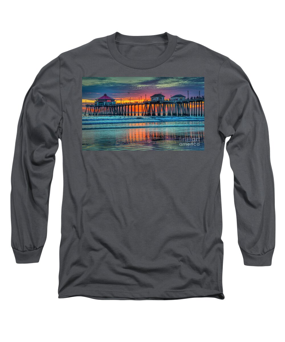 Huntington Beach Long Sleeve T-Shirt featuring the photograph Huntington Beach Pier Sunset by David Zanzinger