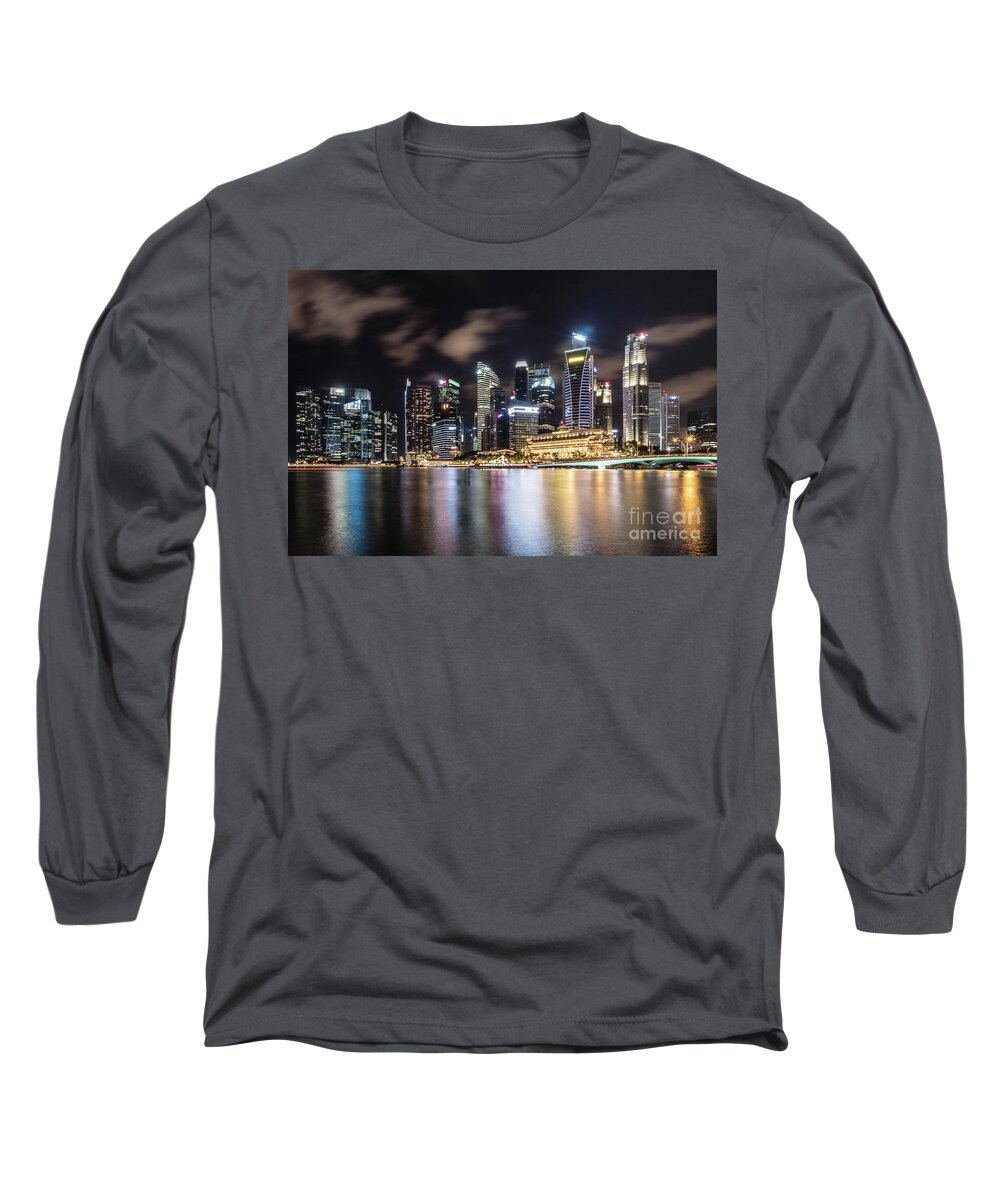 Business Finance And Industry Long Sleeve T-Shirt featuring the photograph Singapore by night #1 by Didier Marti