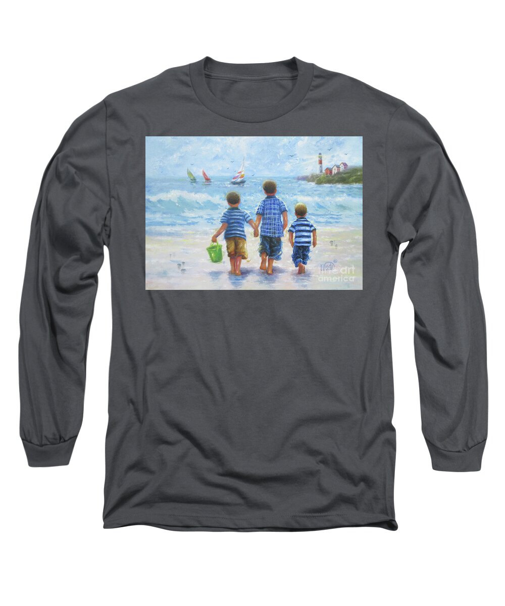 Three Beach Boys Art Long Sleeve T-Shirt featuring the painting Three Little Beach Boys Walking				 #1 by Vickie Wade