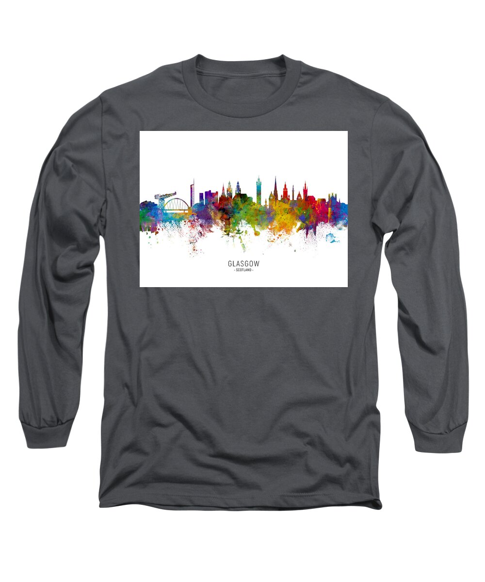 Glasgow Long Sleeve T-Shirt featuring the digital art Glasgow Scotland Skyline #15 by Michael Tompsett