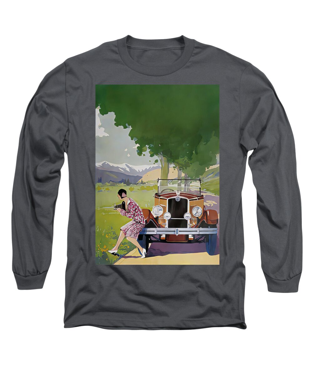 Vintage Long Sleeve T-Shirt featuring the mixed media 1929 Woman Photographer With Touring Car In Country Setting Original French Art Deco Illustration by Retrographs