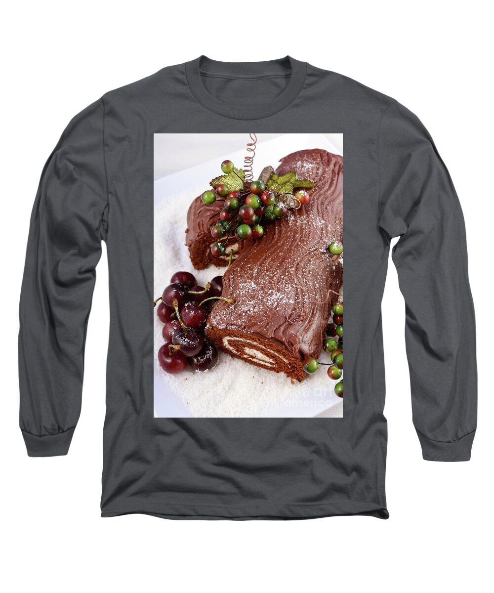 Blue Long Sleeve T-Shirt featuring the photograph Christmas Yule Log Cake. #2 by Milleflore Images