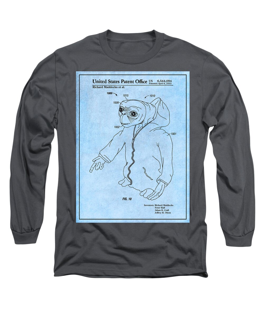2003 E. T. The Extra Terrestrial Patent Print Long Sleeve T-Shirt featuring the drawing 2003 E. T. The Extra Terrestrial Light Blue by Greg Edwards