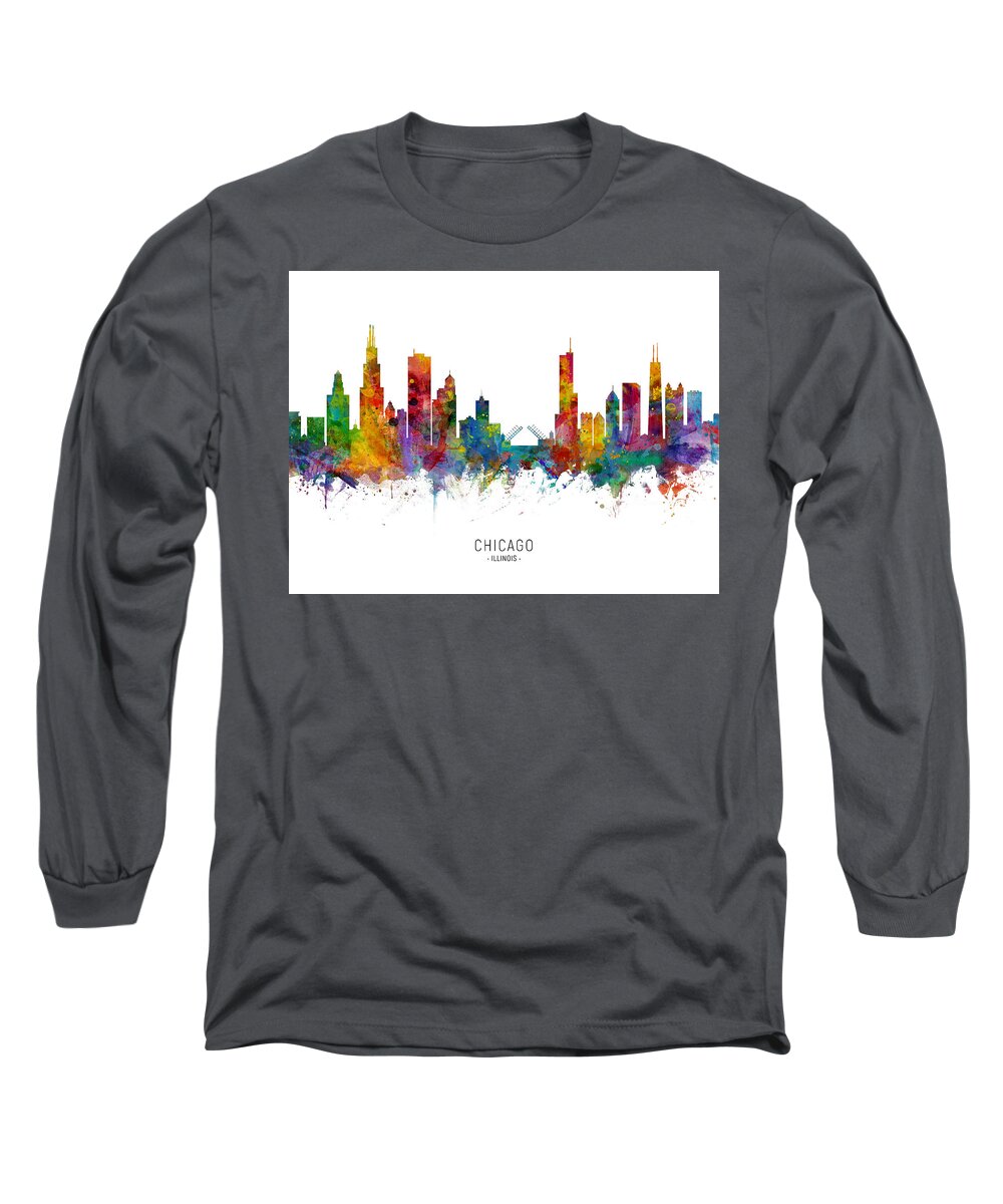 Chicago Long Sleeve T-Shirt featuring the digital art Chicago Illinois Skyline #37 by Michael Tompsett