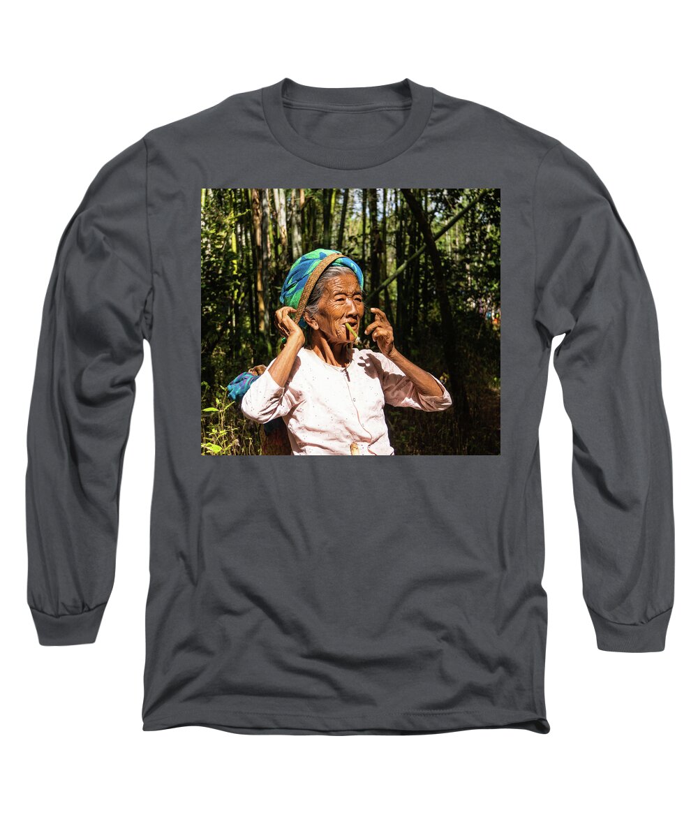 Woman Long Sleeve T-Shirt featuring the photograph a delighted elderly Burmese woman by Ann Moore
