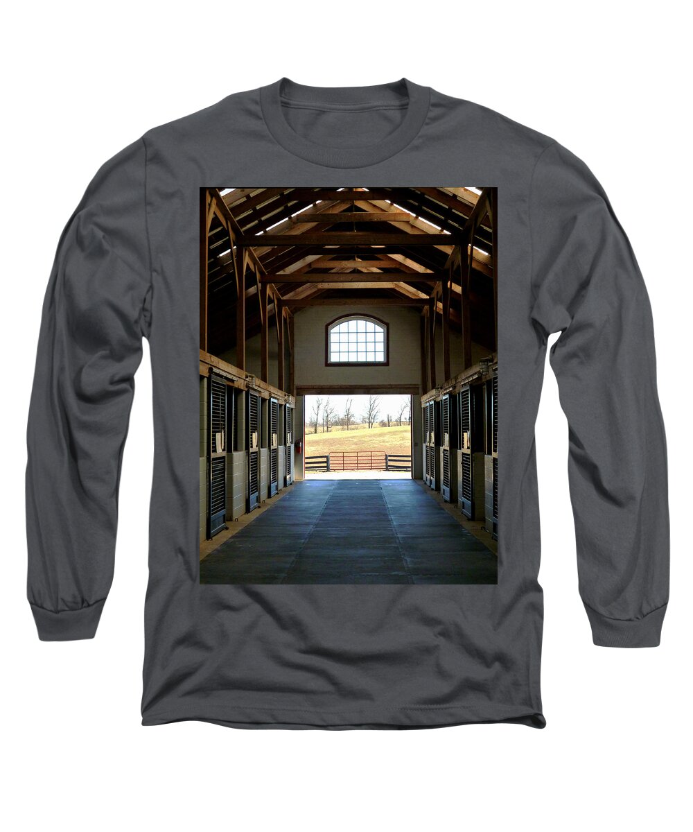 Kentucky Horse Barn Long Sleeve T-Shirt featuring the photograph A Kentucky View from the Barn by Mike McBrayer