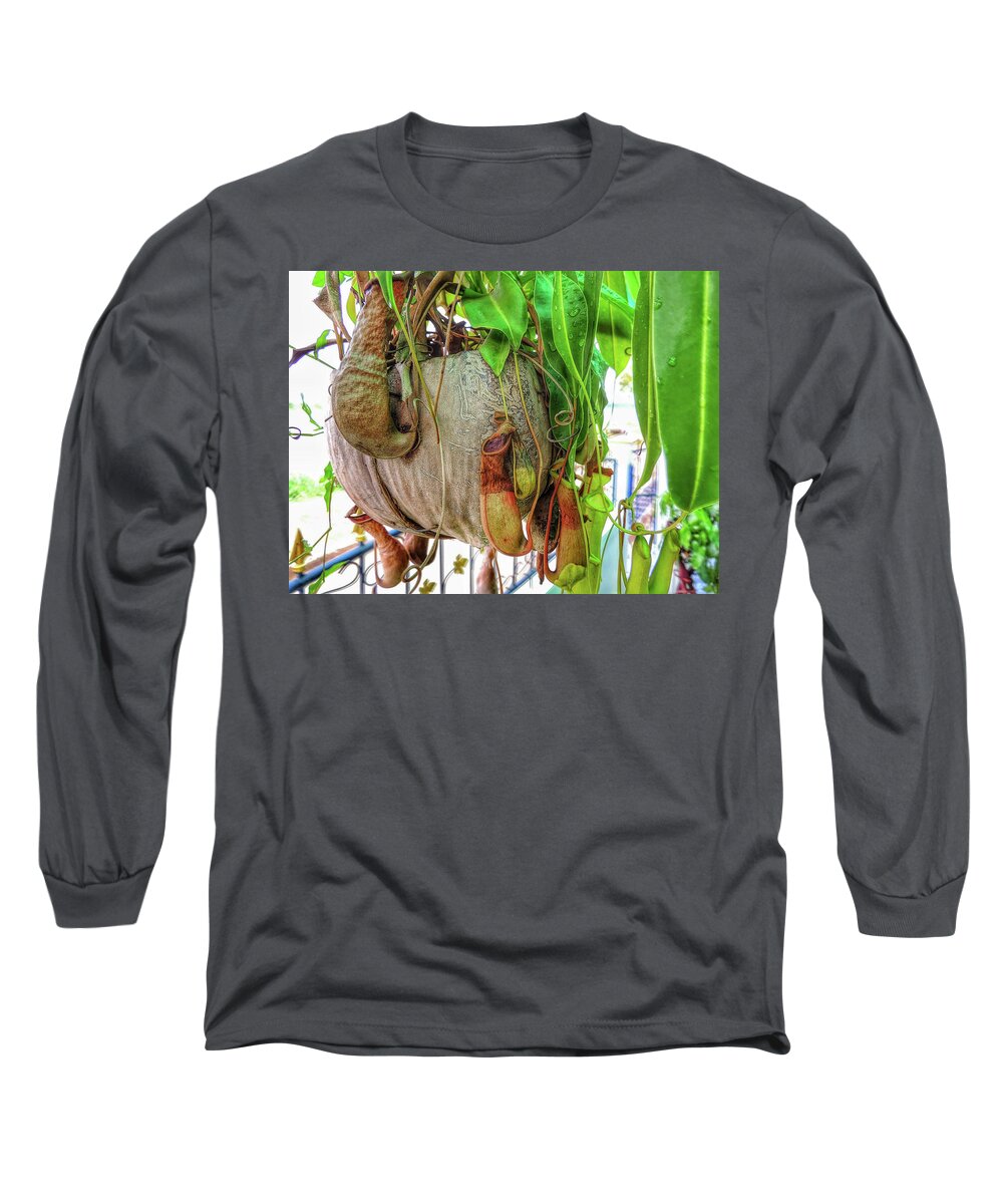 X386 Long Sleeve T-Shirt featuring the photograph A pitcher plant on our terrace in Thailand by Jeremy Holton