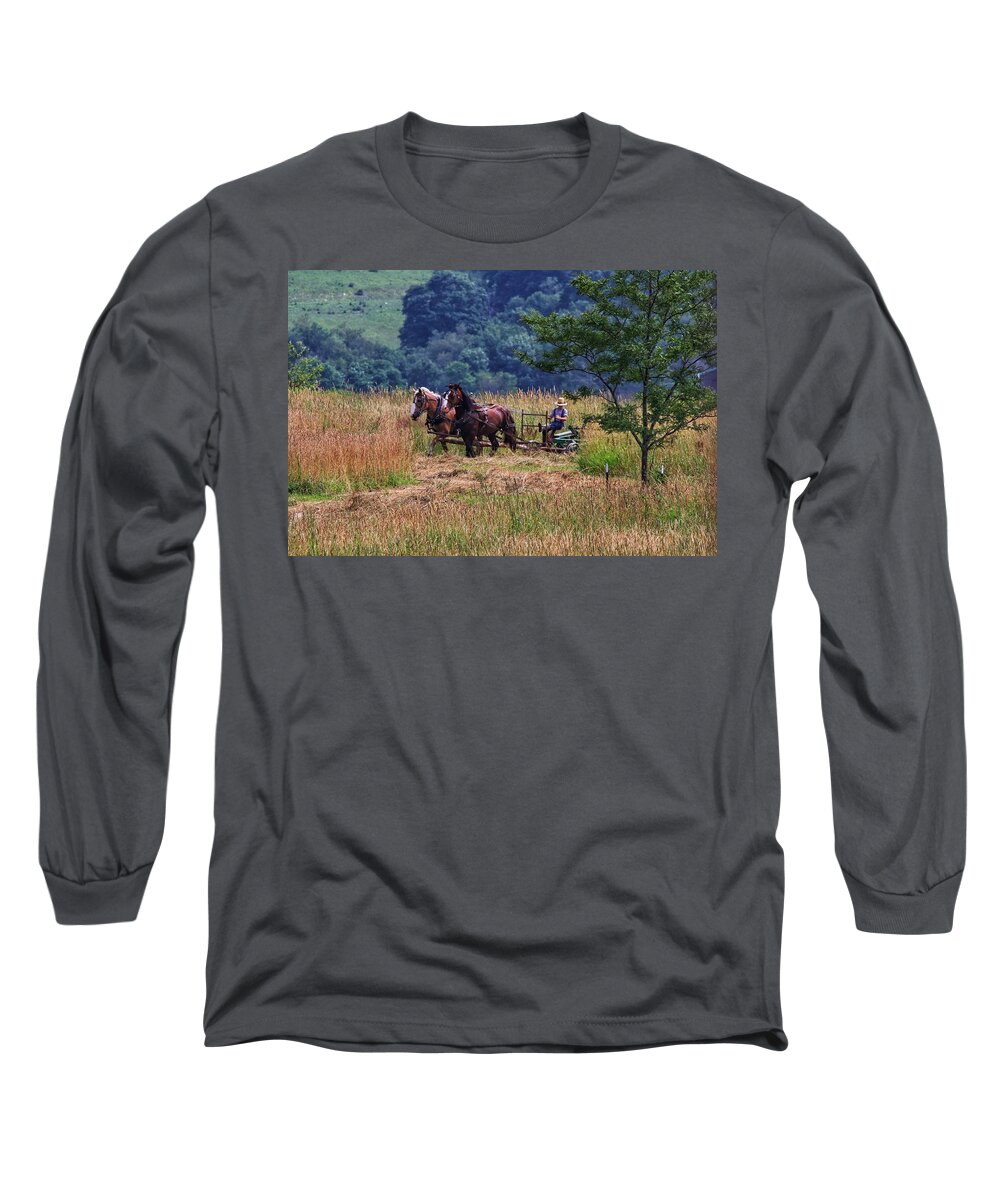 Amish Long Sleeve T-Shirt featuring the photograph Amish farming by Susan Jensen