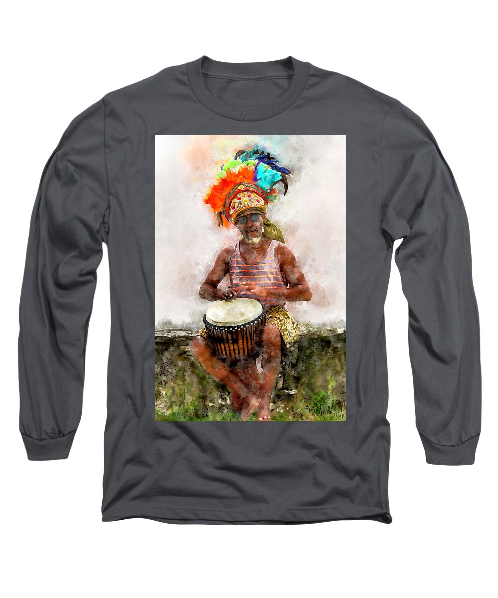 Antigua Long Sleeve T-Shirt featuring the digital art Antiguan Drummer by Pheasant Run Gallery
