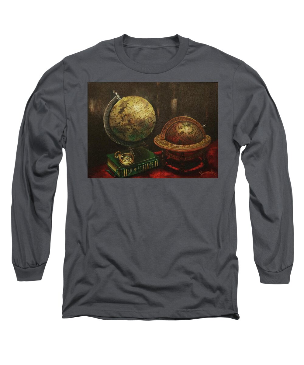 Explorers’ Club Long Sleeve T-Shirt featuring the painting Armchair Traveler by Tom Shropshire