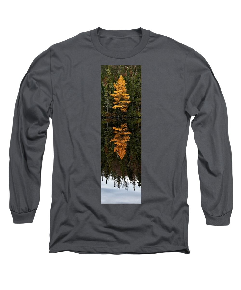 Canada Northern Ontario Ontario Calm Boreal Forest Fores Peaceful Calm Reflections Golden Yellow Tamarack Long Sleeve T-Shirt featuring the photograph Autumn Tamarack by Doug Gibbons