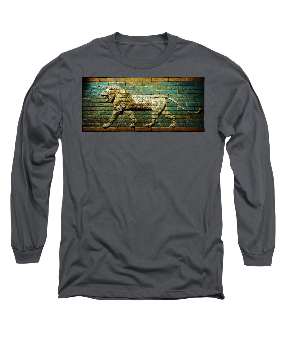 Babylonian Long Sleeve T-Shirt featuring the photograph Babylonian wall tiles of lion by Steve Estvanik