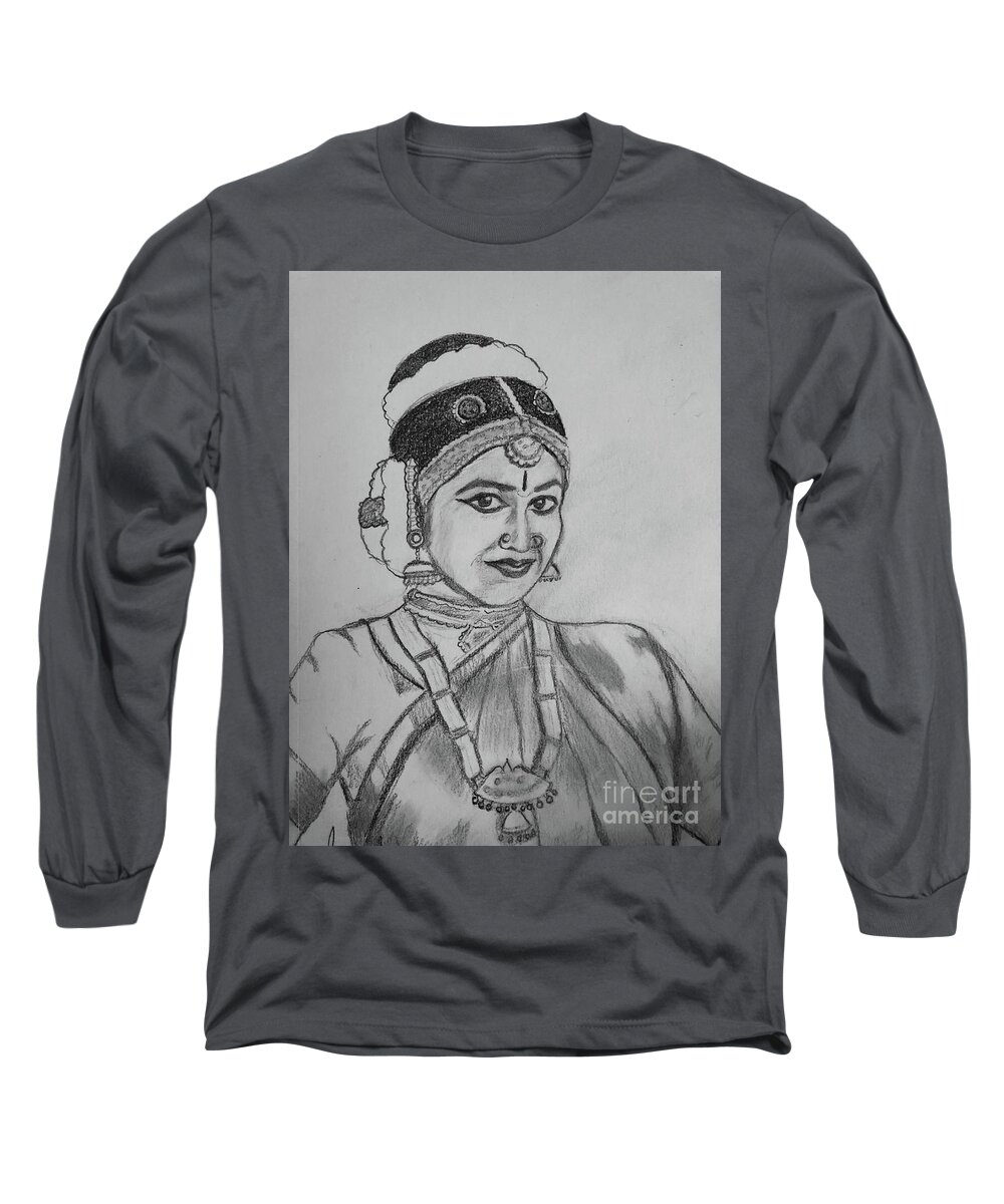 Dancer Long Sleeve T-Shirt featuring the drawing Beautiful dancer by Brindha Naveen