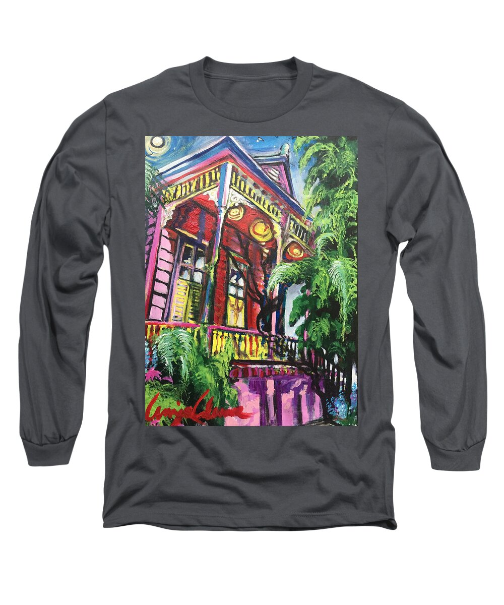 New Orleans Houses Long Sleeve T-Shirt featuring the painting Big Pink by Amzie Adams