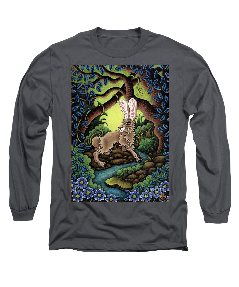 Hare Long Sleeve T-Shirt featuring the painting Blue Hare Lagoon by Amy E Fraser