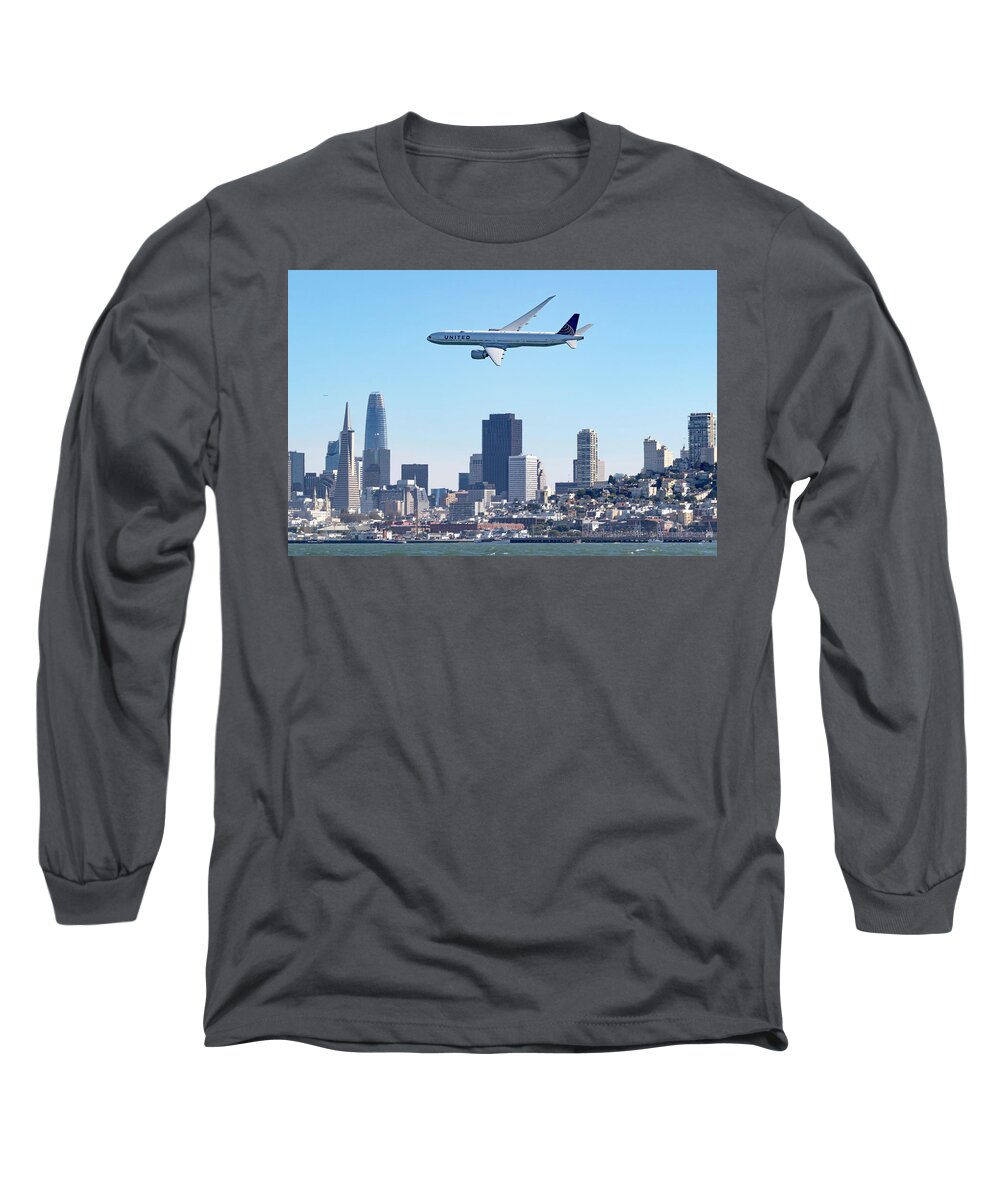 Airplane Long Sleeve T-Shirt featuring the photograph Boeing 777 and SF Skyline by Rick Pisio