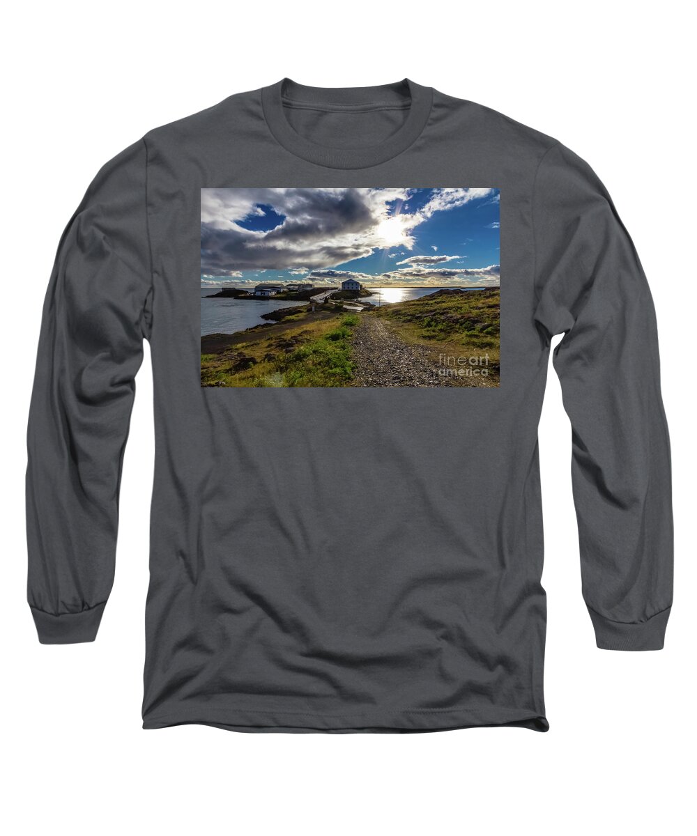 Island Long Sleeve T-Shirt featuring the photograph Brakarey island, Borgarnes, Iceland by Lyl Dil Creations