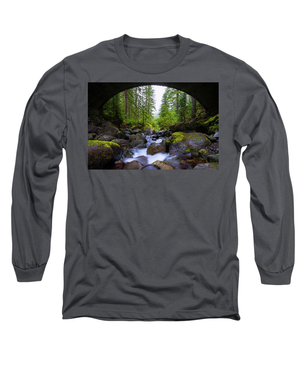 Bridge Below Rainier Long Sleeve T-Shirt featuring the photograph Bridge Below Rainier by Chad Dutson