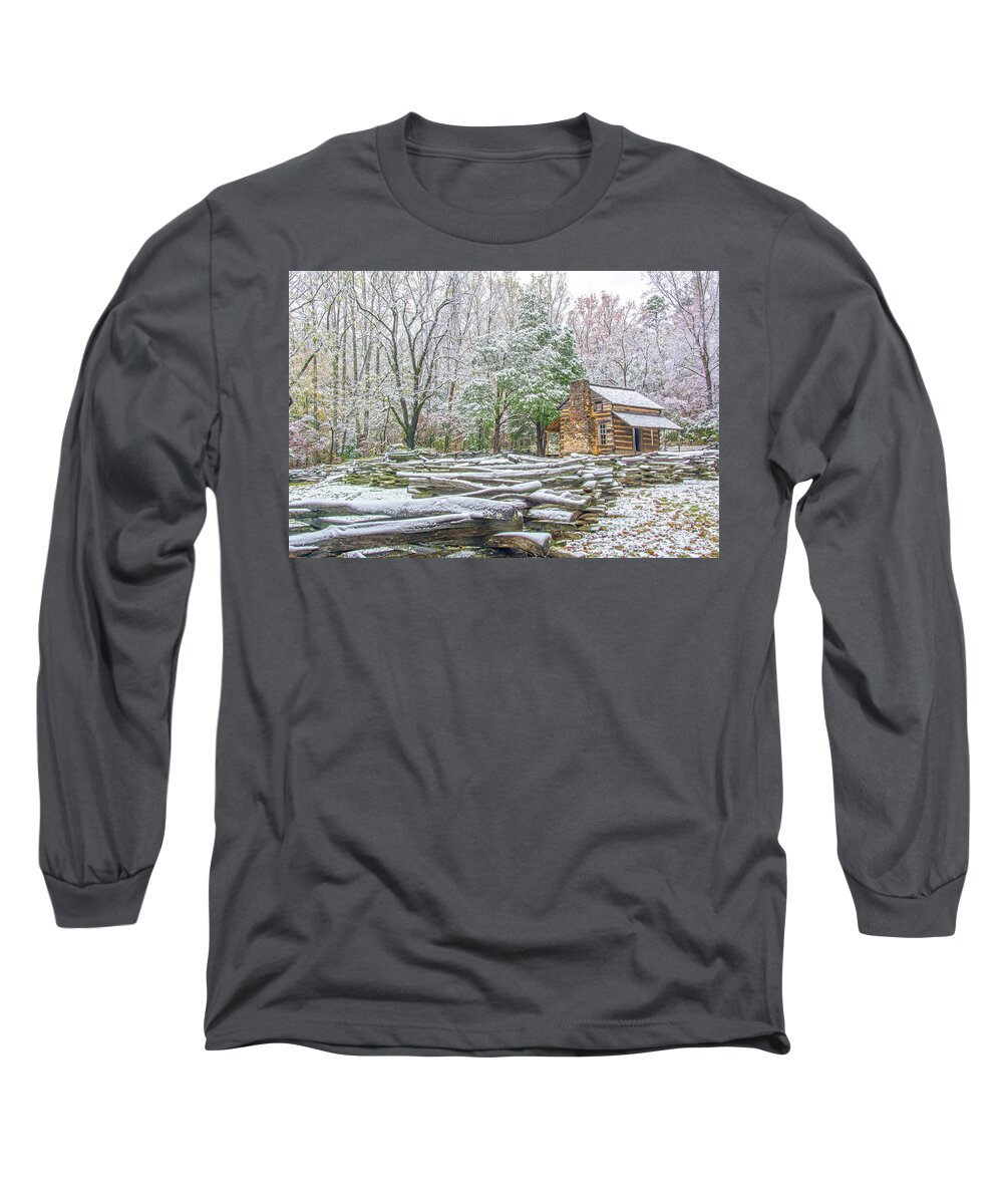 John Long Sleeve T-Shirt featuring the photograph Cabin in Snow by Douglas Wielfaert