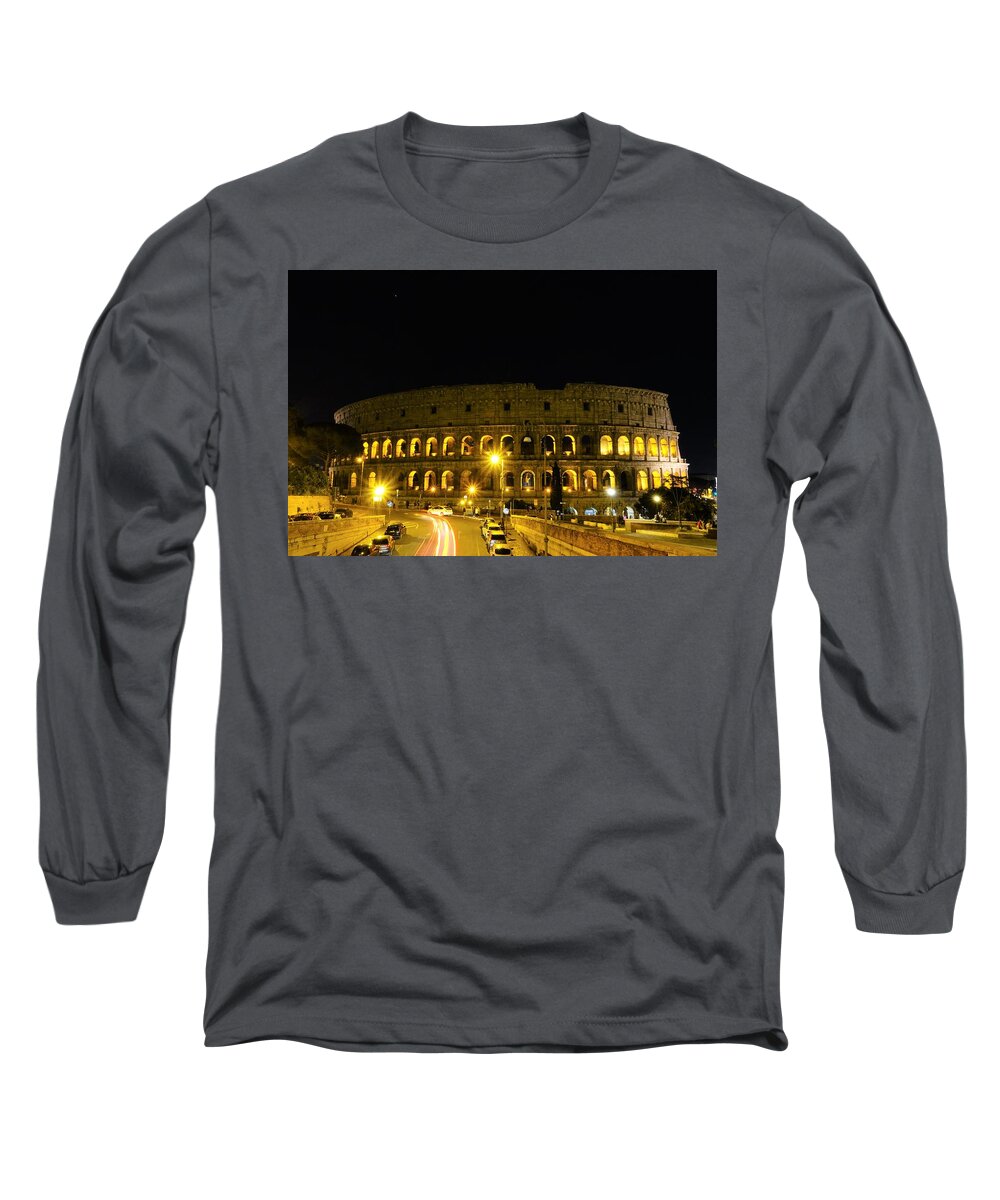 Colosseum At Night Long Sleeve T-Shirt featuring the photograph Cars speeding by the Colosseum at night by Patricia Caron