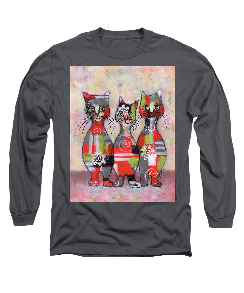 Cat Long Sleeve T-Shirt featuring the painting Cat Family Portrait 4 by Karren Case