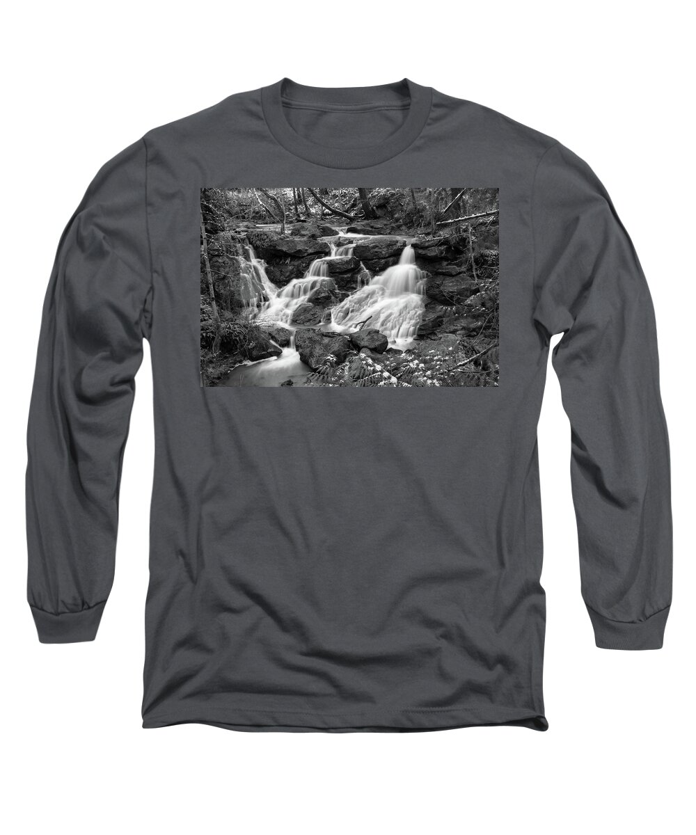 Waterfall Long Sleeve T-Shirt featuring the photograph Cedar Mills Falls in monochrome by Aashish Vaidya