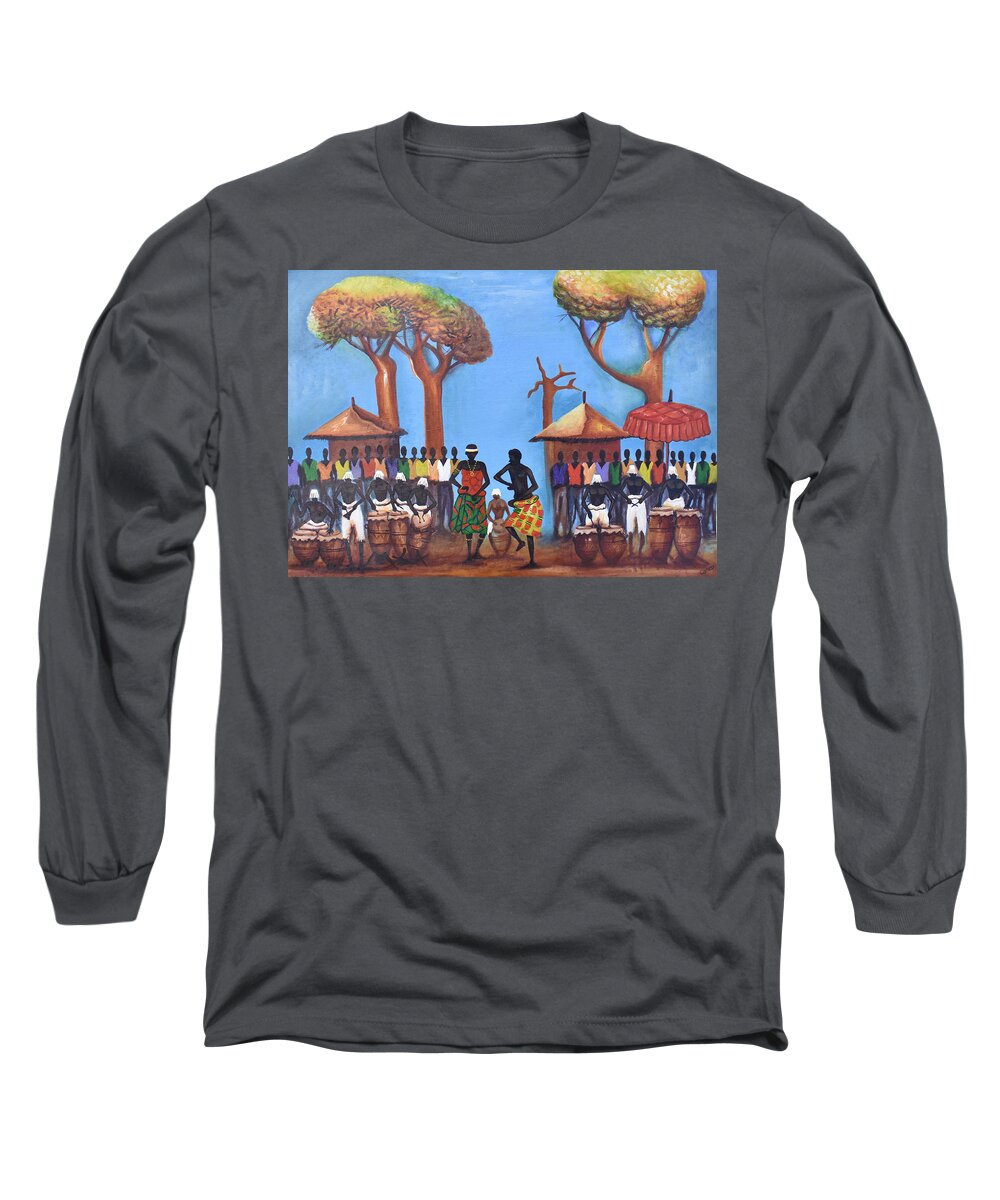 Africa Long Sleeve T-Shirt featuring the painting Celebration Drumming - Blue by Francis Sampson